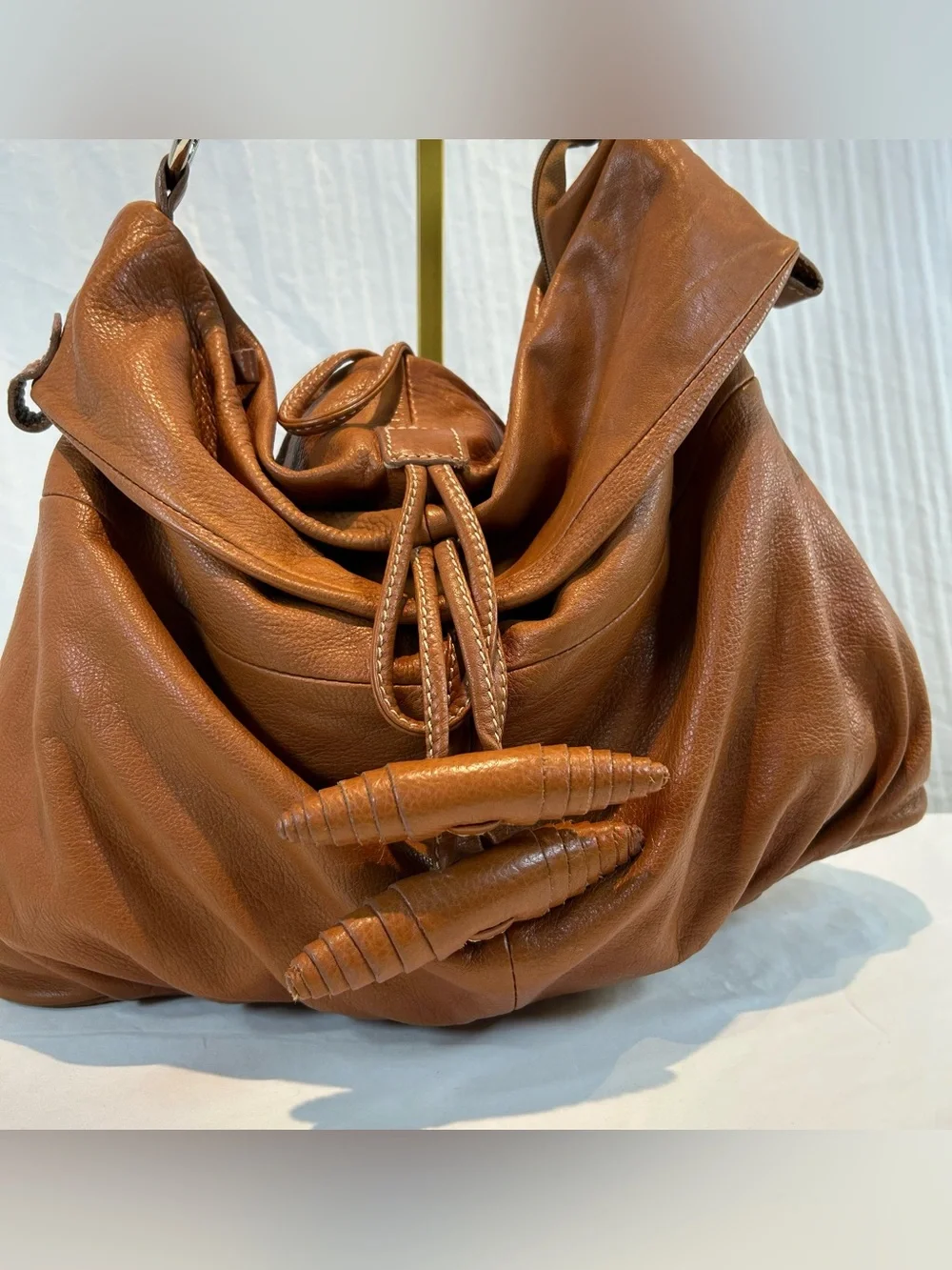 Structured Italian Leather Hobo Bag in Cognac with Wrapped Leather Accents